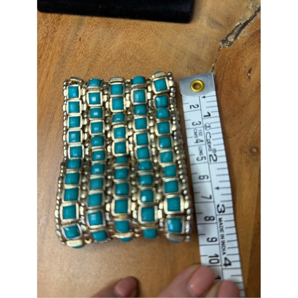 Western Boho Faux Turquoise Gold-Tone Stretch Cuff Bracelet VGUC - Picture 4 of 9